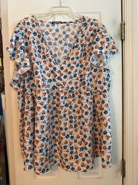BloomChic Blue & Tan Floral V-Neck Ruffle Sleeve Blouse